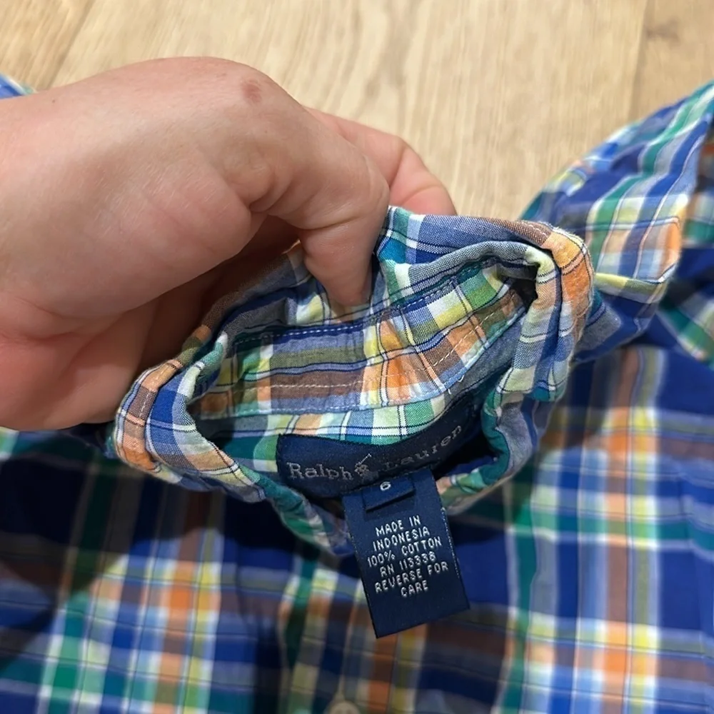 Ralph Lauren boys plaid button up shirt long sleeve green blue 6